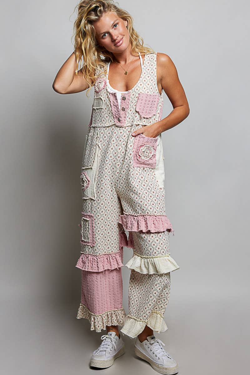 Blooming Boho  Floral Print Patchwork Sleeveless Wide Leg Jumpsuit