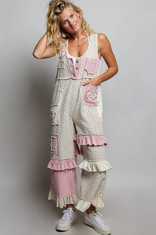 Blooming Boho  Floral Print Patchwork Sleeveless Wide Leg Jumpsuit