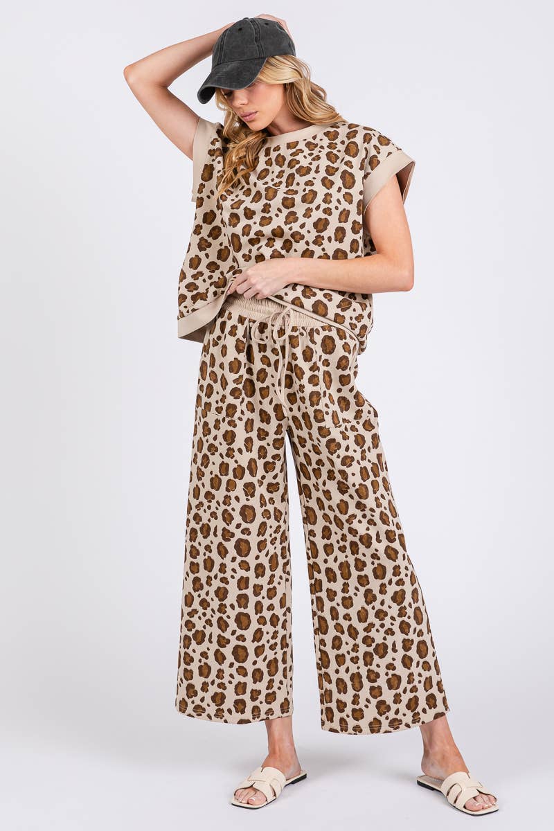 LEOPARD PRINT SCUBA TOP AND PANTS SETS