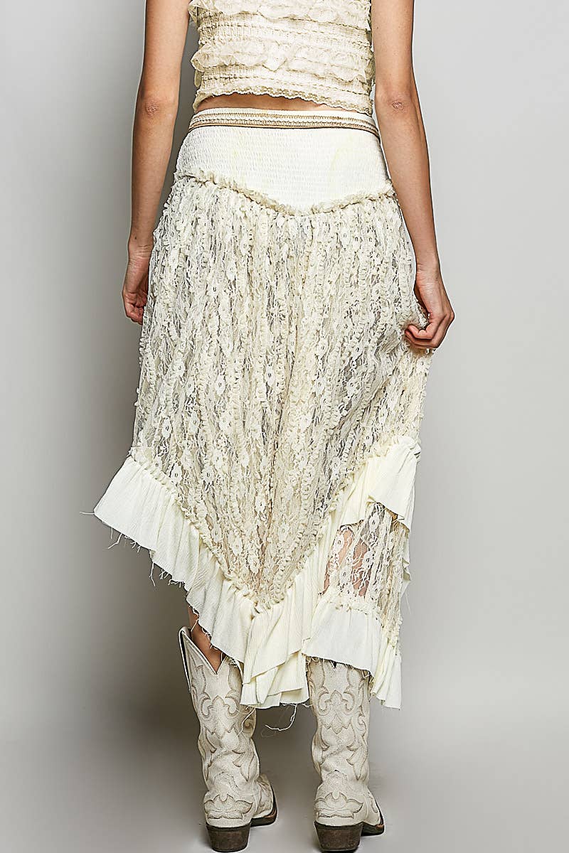 Ruffle Smocked Waist Solid Long Lace Skirt