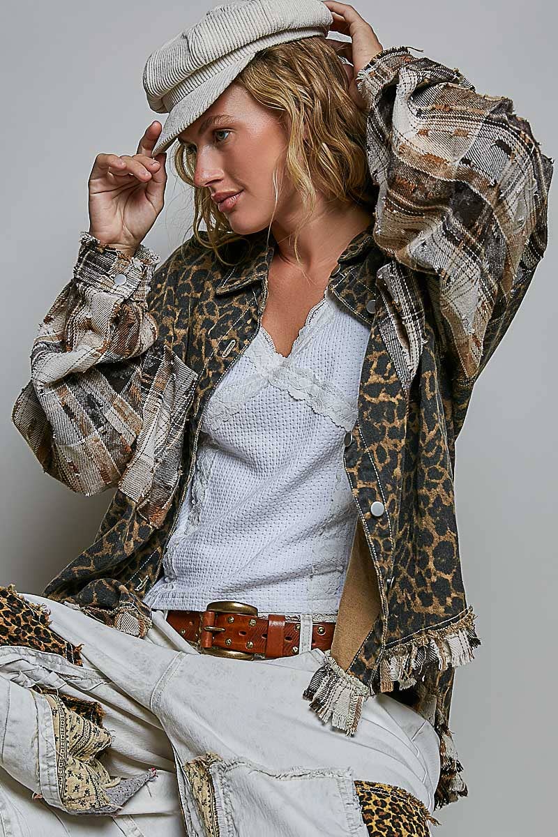 JULY SHIP Allover Print Pattern Raw-Edge Fringe Trim Shirt Jacket: CHOCO MULTI