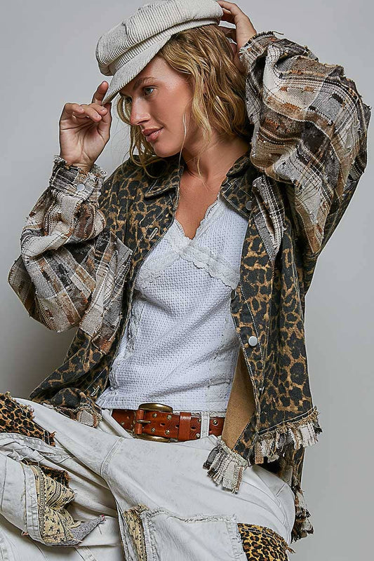 JULY SHIP Allover Print Pattern Raw-Edge Fringe Trim Shirt Jacket: CHOCO MULTI
