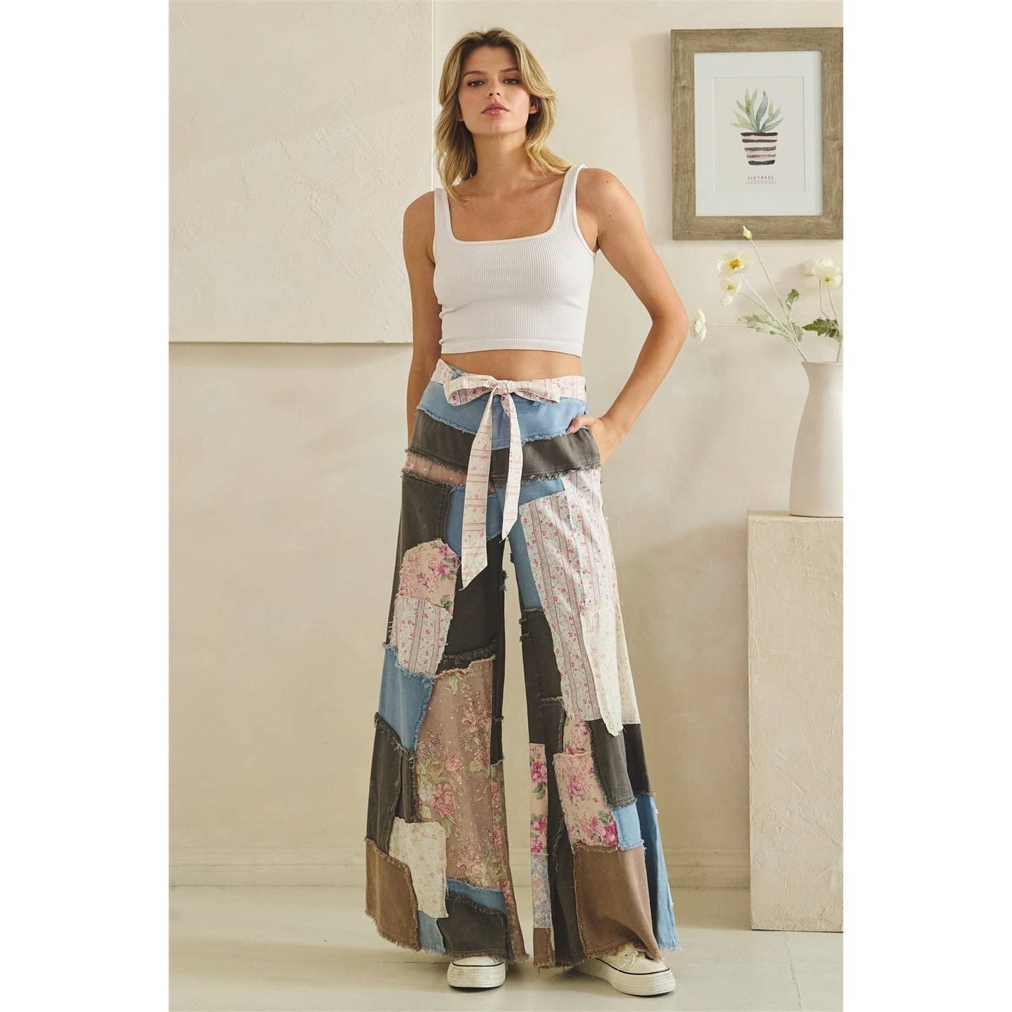 WASHED FLORAL PATCHWORK FLARE PANTS