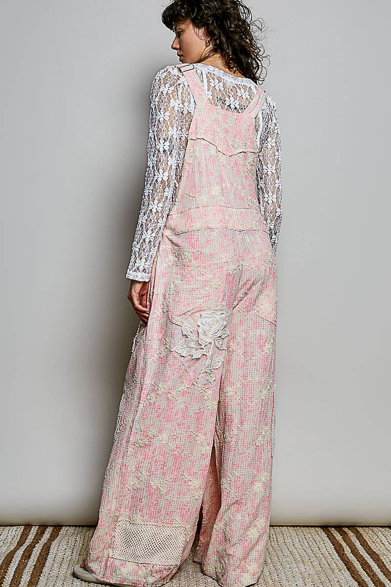 Floral Embroidery Accents Mesh Patches Strap Woven Overalls