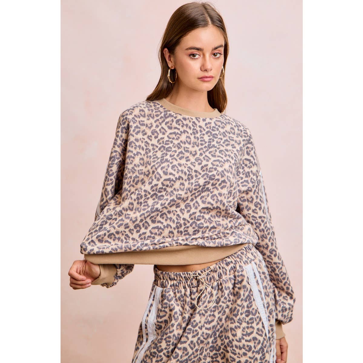 LEOPARD FRENCH TERRY LACE CONTRAST SWEATSHIRT TOP: LEOPARD