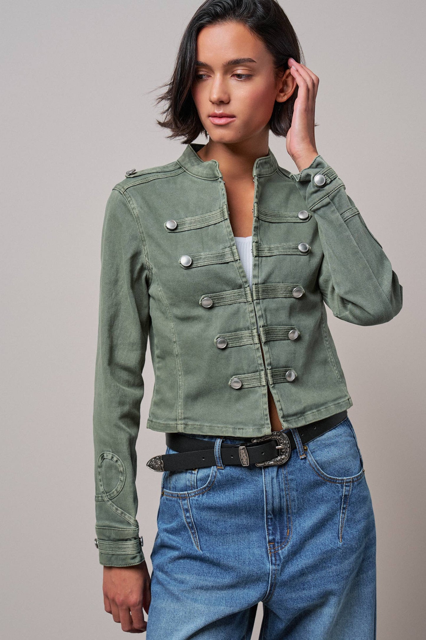 Military Double-Button Stretch Cotton Jacket: Olive