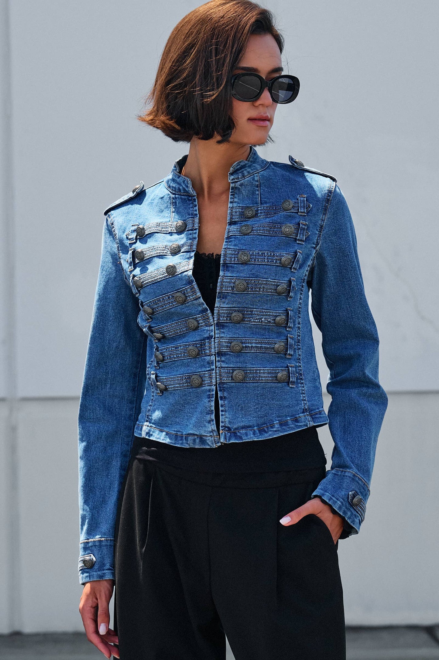 Military Double-Button Denim Jean Jacket: Blue