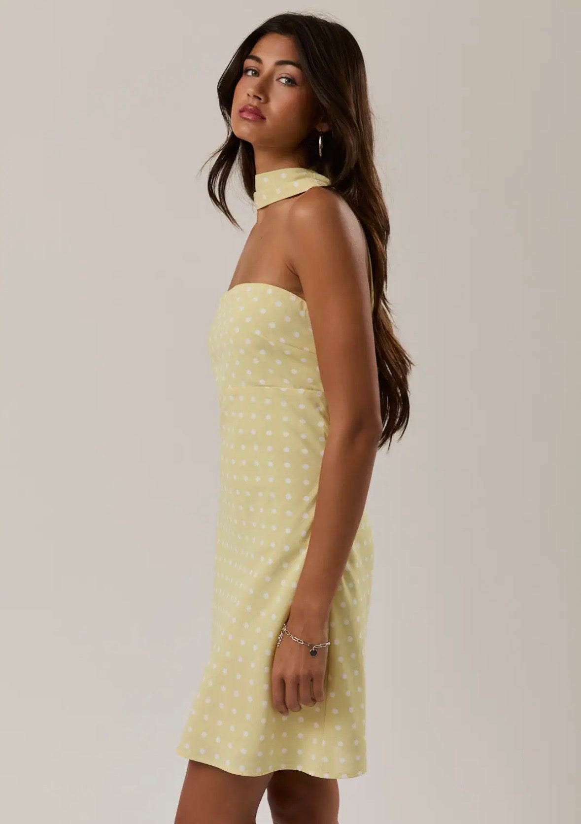 Yellow polka dot dress with wrapped scarf