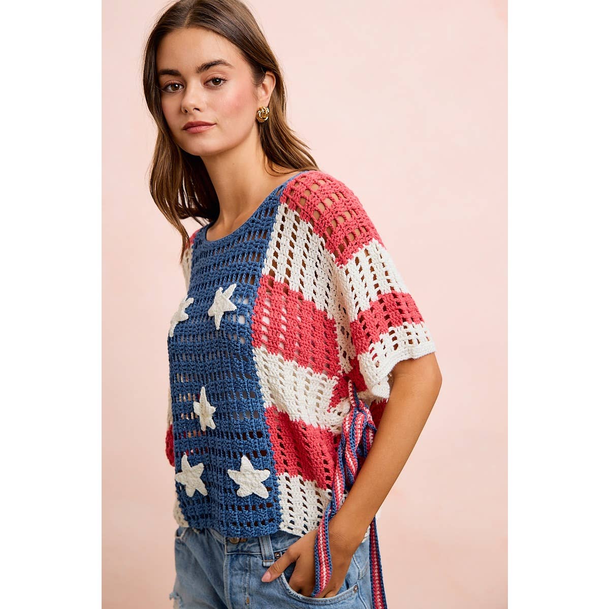 4TH OF JULY AMERICAN FLAG OPEN KNIT CROCHET TOP: AMERICAN FLAG