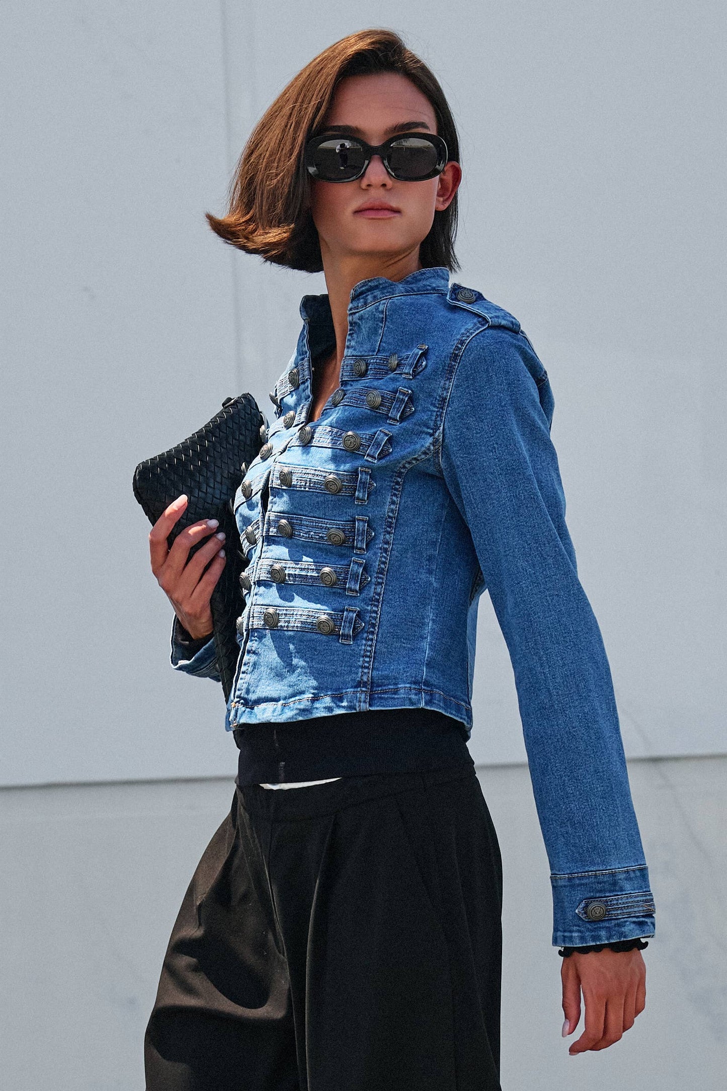 Military Double-Button Denim Jean Jacket: Blue