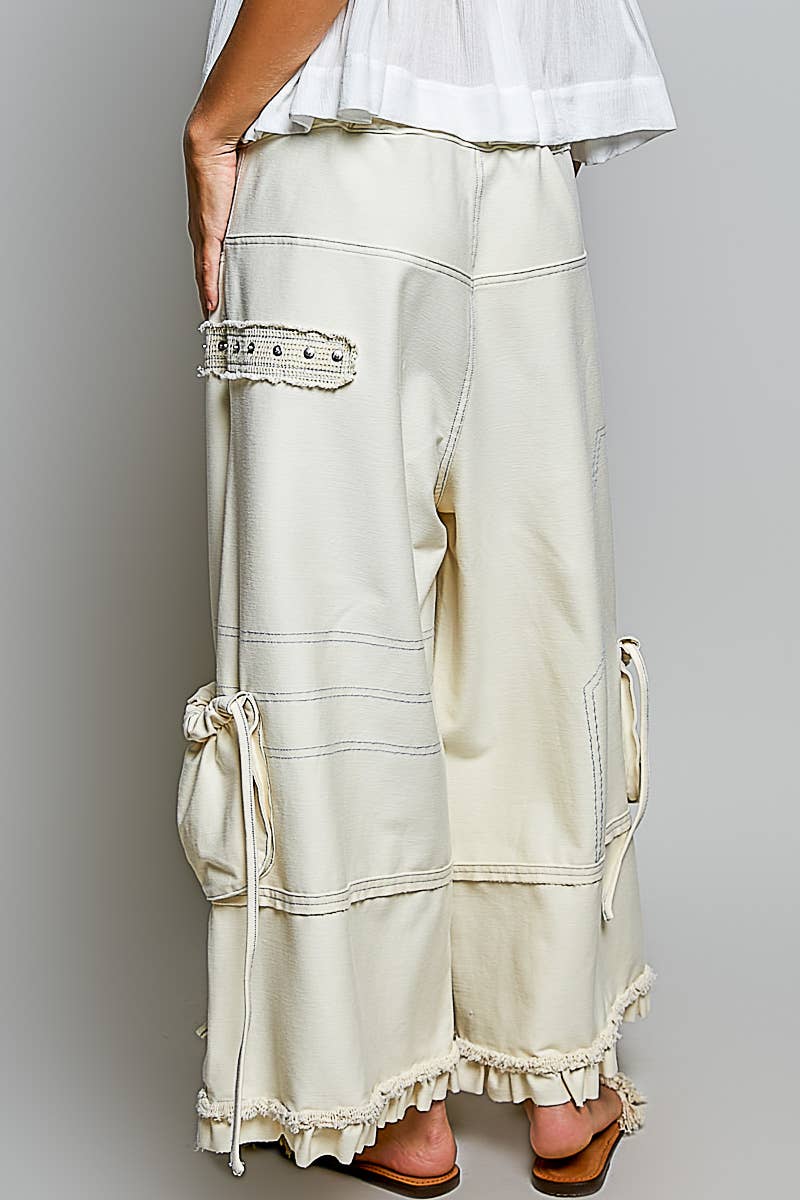 POL Ruffle Hem High Rise Wide Leg Snap Stud Detail Cargo Pants