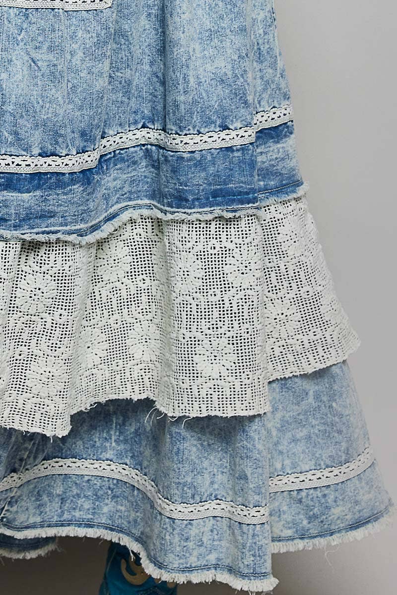 SEPT  SHIP  POL Crochet Pockets Ruffle Denim Long Overall Dress