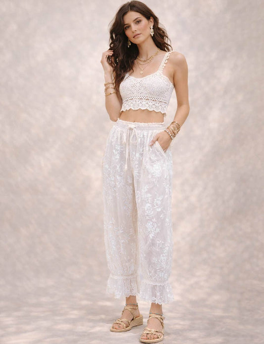CREAM or SMOKE Lace Hem Floral Elastic Waist Lantern Pants