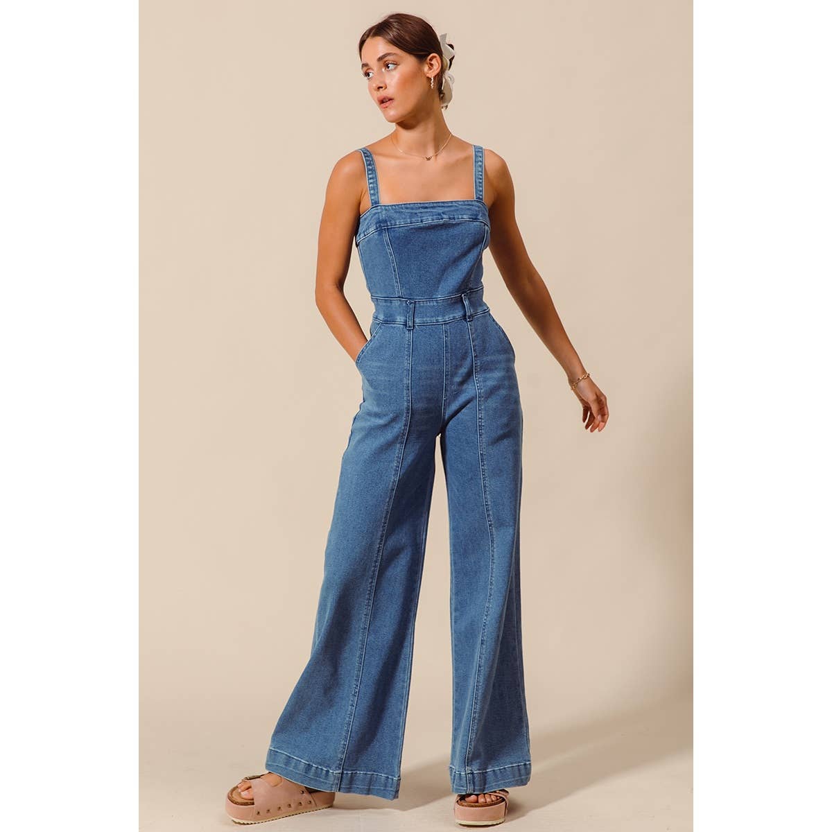 FRONT CUT EXPOSED SEAM WASHED DENIM JUMPSUIT : DENIM
