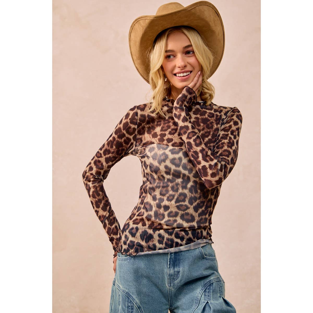 AUG SHIP MESH LEOPARD PRINTED TOP WITH LONG SLEEVES: LEOPARD