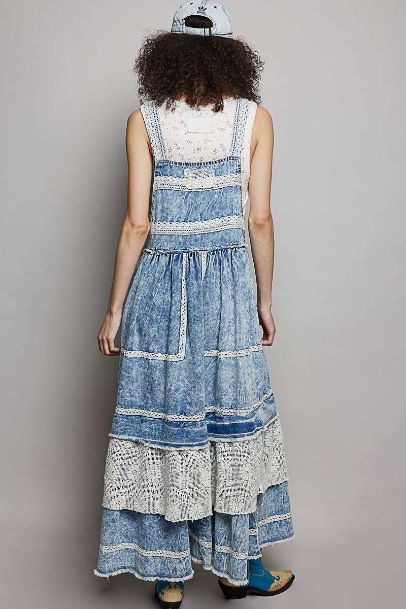 SEPT  SHIP  POL Crochet Pockets Ruffle Denim Long Overall Dress