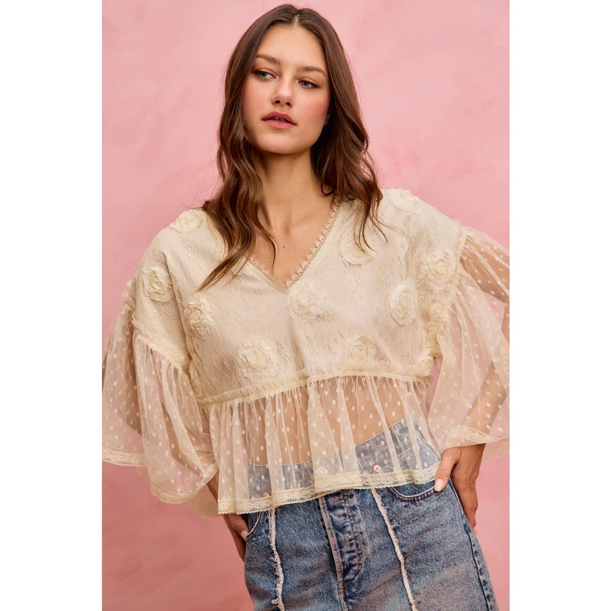 FLORAL APPLIQUE LACE FLOWY V NECK BLOUSE TOP: CREAM