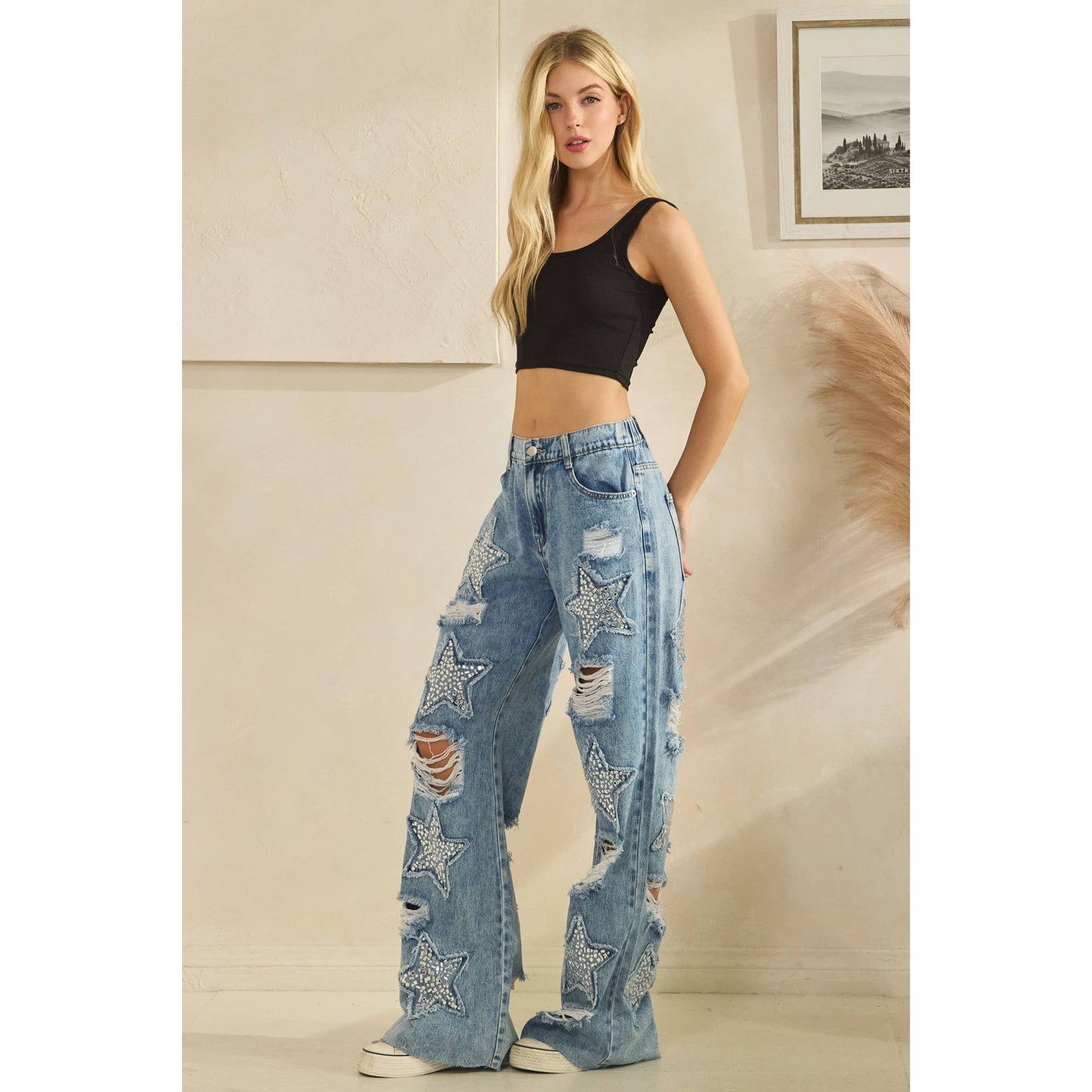 WASHED STONE ON STAR DENIM PANTS