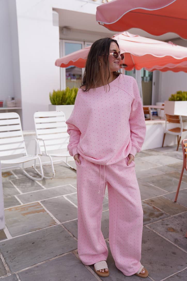 JUNE SHIP SUNKISSED COCONUT Light Pink Polka Dot Off The Shoulder Sweatshirt
