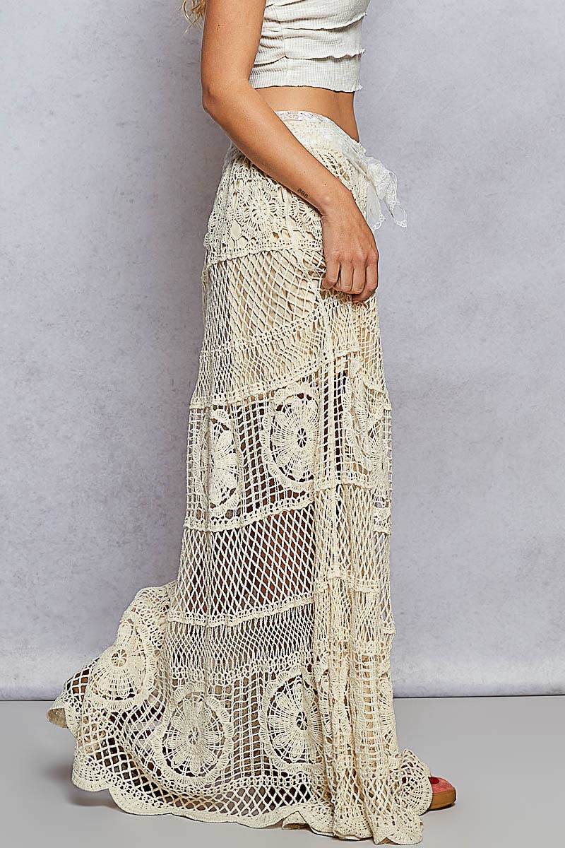 JUNE SHIP POL Crochet long flare elastic waist band skirts