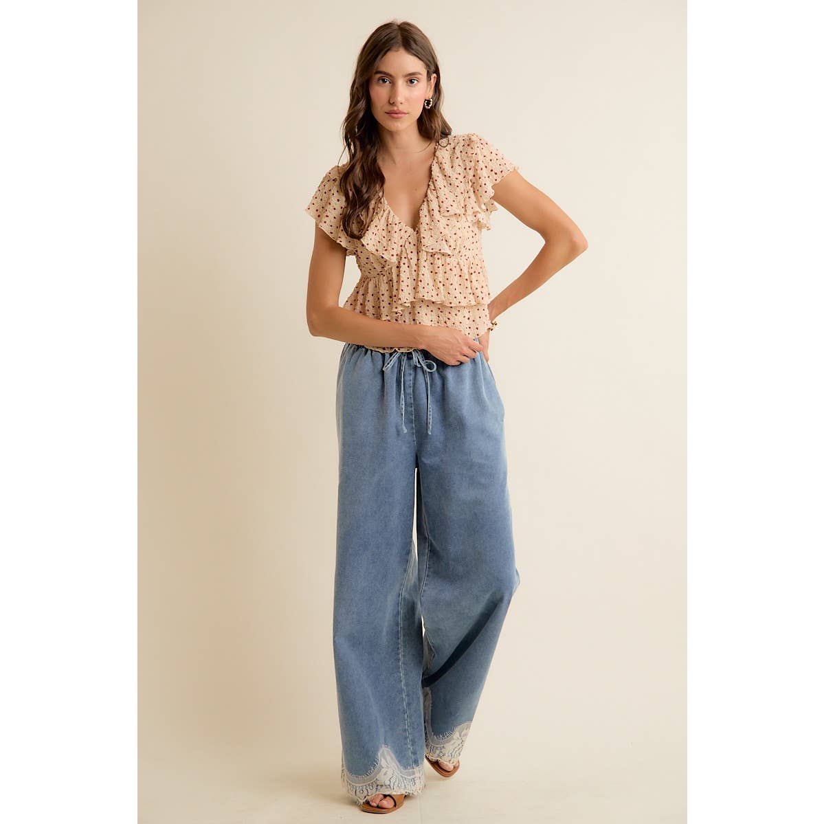 JUNE SHIP  LACE TRIM WIDE LEG ELASTIC MID RISE DENIM PANTS: DENIM