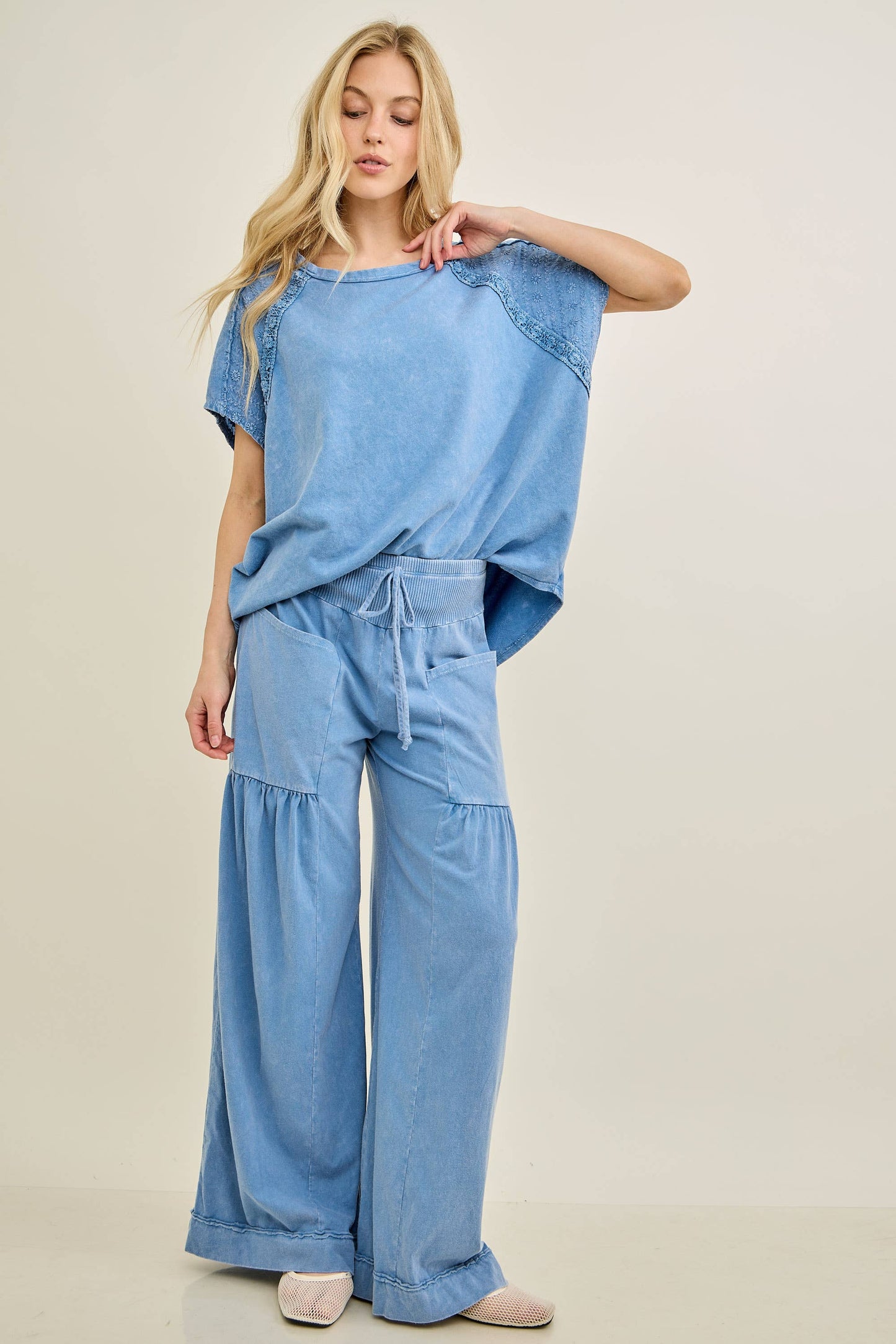 Mineral Washed Boho waist band wideleg cropped pants HP5900