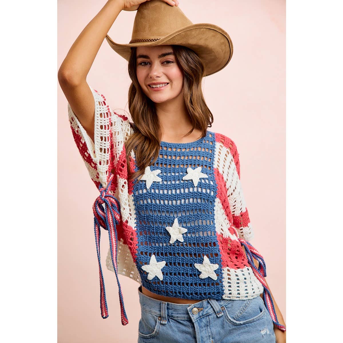 4TH OF JULY AMERICAN FLAG OPEN KNIT CROCHET TOP: AMERICAN FLAG