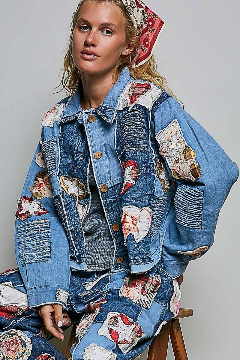 AUG 1st SHIP. Artisan Patchwork Denim Handcrafted Appliqué Vintage Jacket: DENIM MULTI