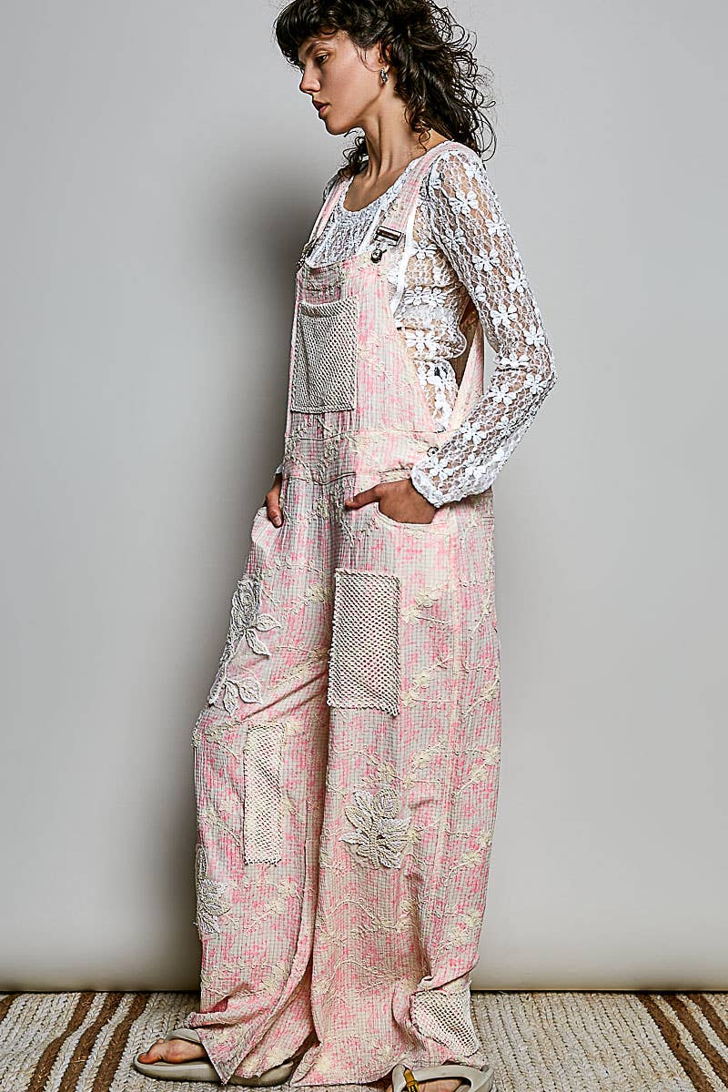 Floral Embroidery Accents Mesh Patches Strap Woven Overalls