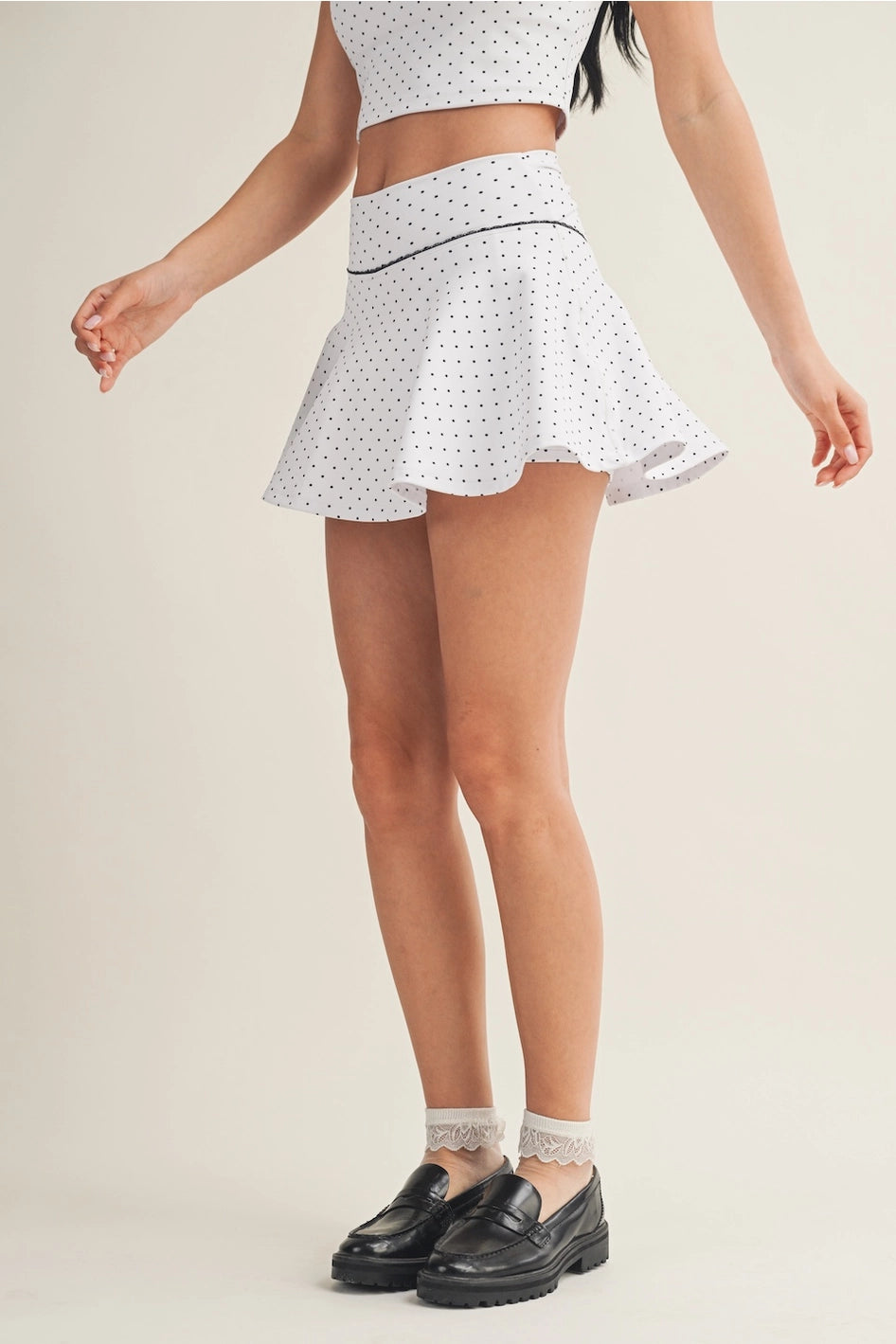 Polka Dot Print Mini Circle Skort wit Bow Back and Lace Trim