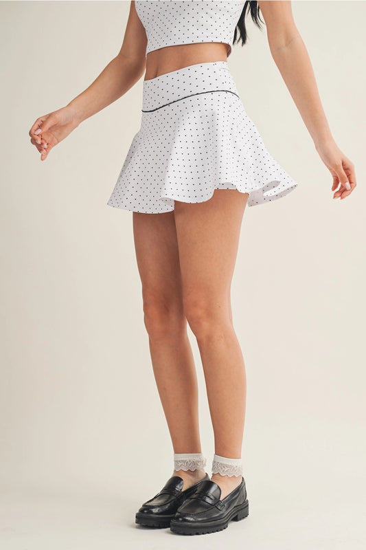 Polka Dot Print Mini Circle Skort wit Bow Back and Lace Trim
