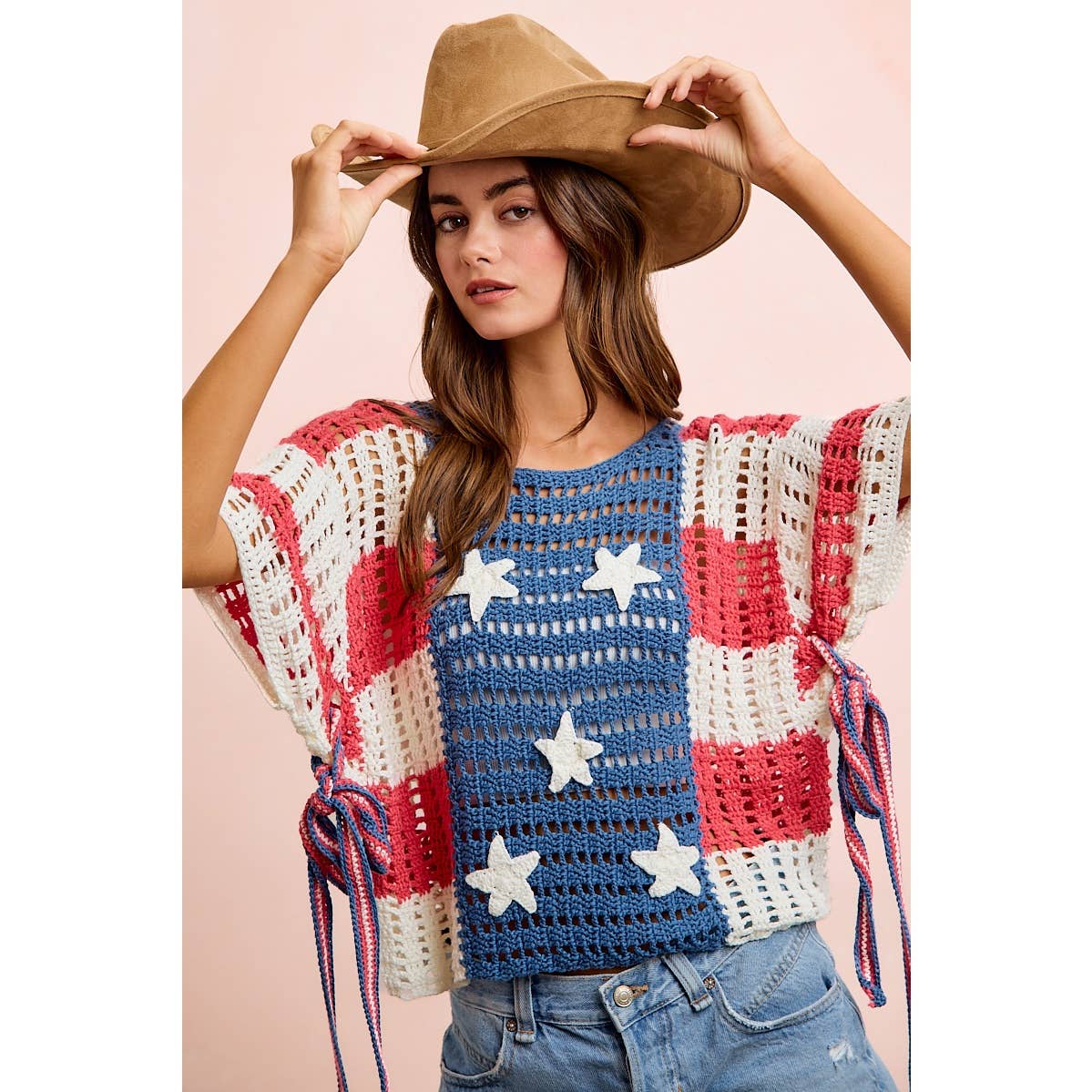 4TH OF JULY AMERICAN FLAG OPEN KNIT CROCHET TOP: AMERICAN FLAG