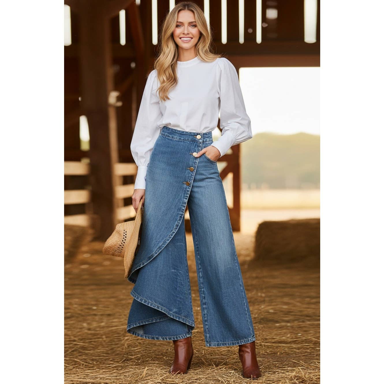 JULY SHIP Washed Romantic Wide Leg Denim Pants: DEEP BLUE / S-M-L-XL