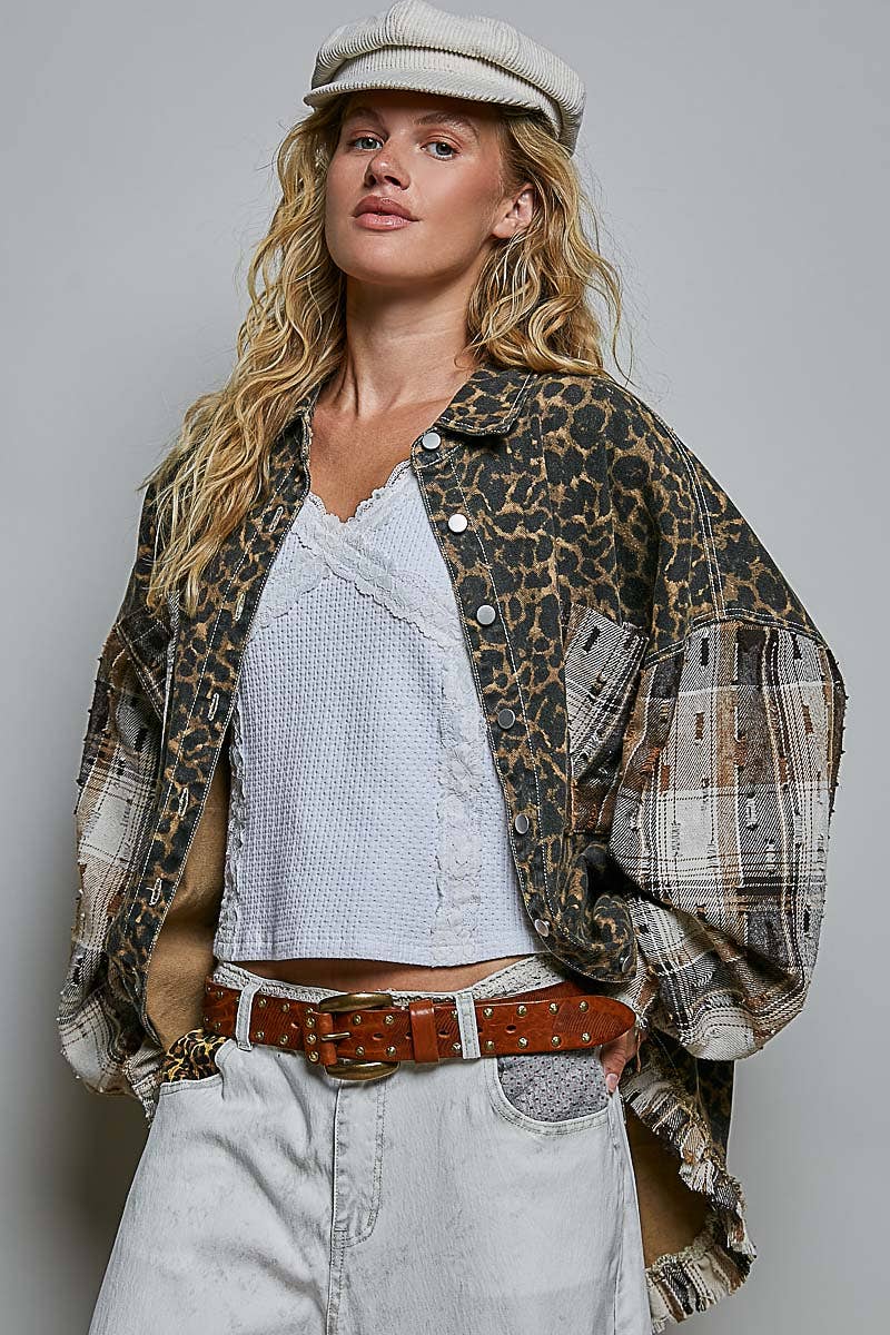 JULY SHIP Allover Print Pattern Raw-Edge Fringe Trim Shirt Jacket: CHOCO MULTI