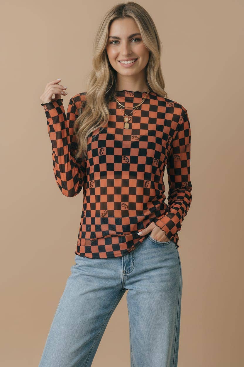 Halloween Pumpkin Merrow Hem Mesh Top: BLACK/ORANGE