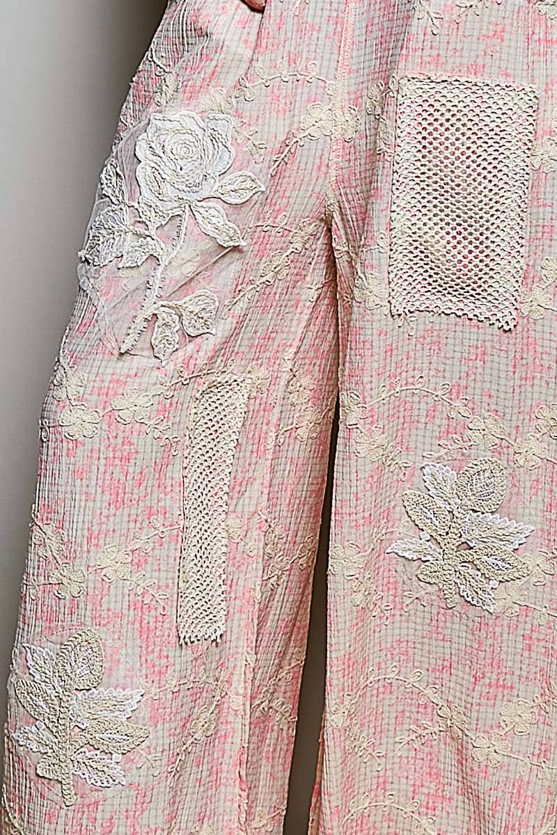Floral Embroidery Accents Mesh Patches Strap Woven Overalls