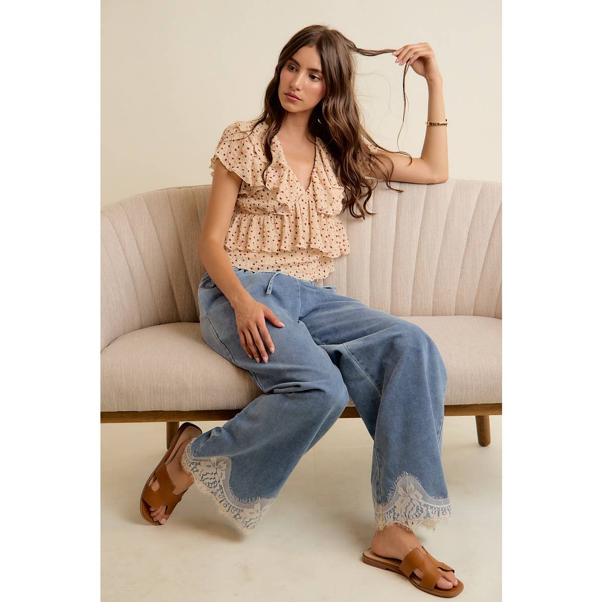 JUNE SHIP  LACE TRIM WIDE LEG ELASTIC MID RISE DENIM PANTS: DENIM