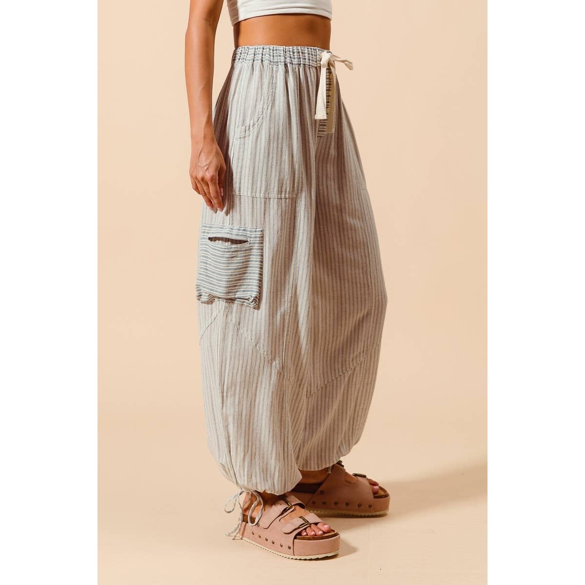 JUNE Ship MULTI STRIPE BLOCK BALLOON STYLE PANTS : VINTAGE DENIM