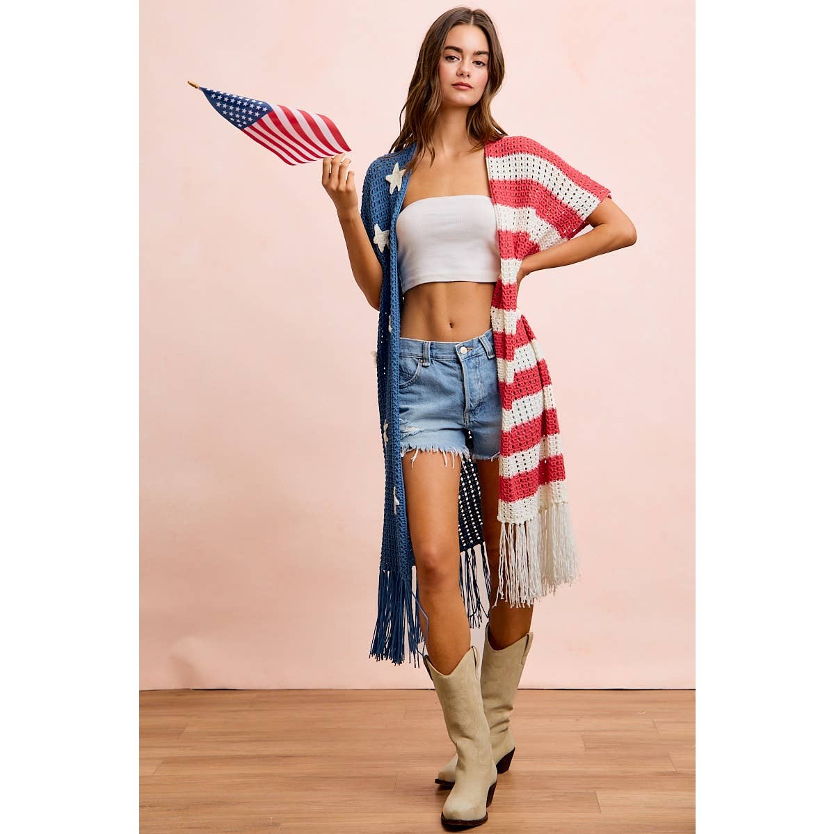 4TH OF JULY AMERICAN FLAG OPEN KNIT CARDIGAN