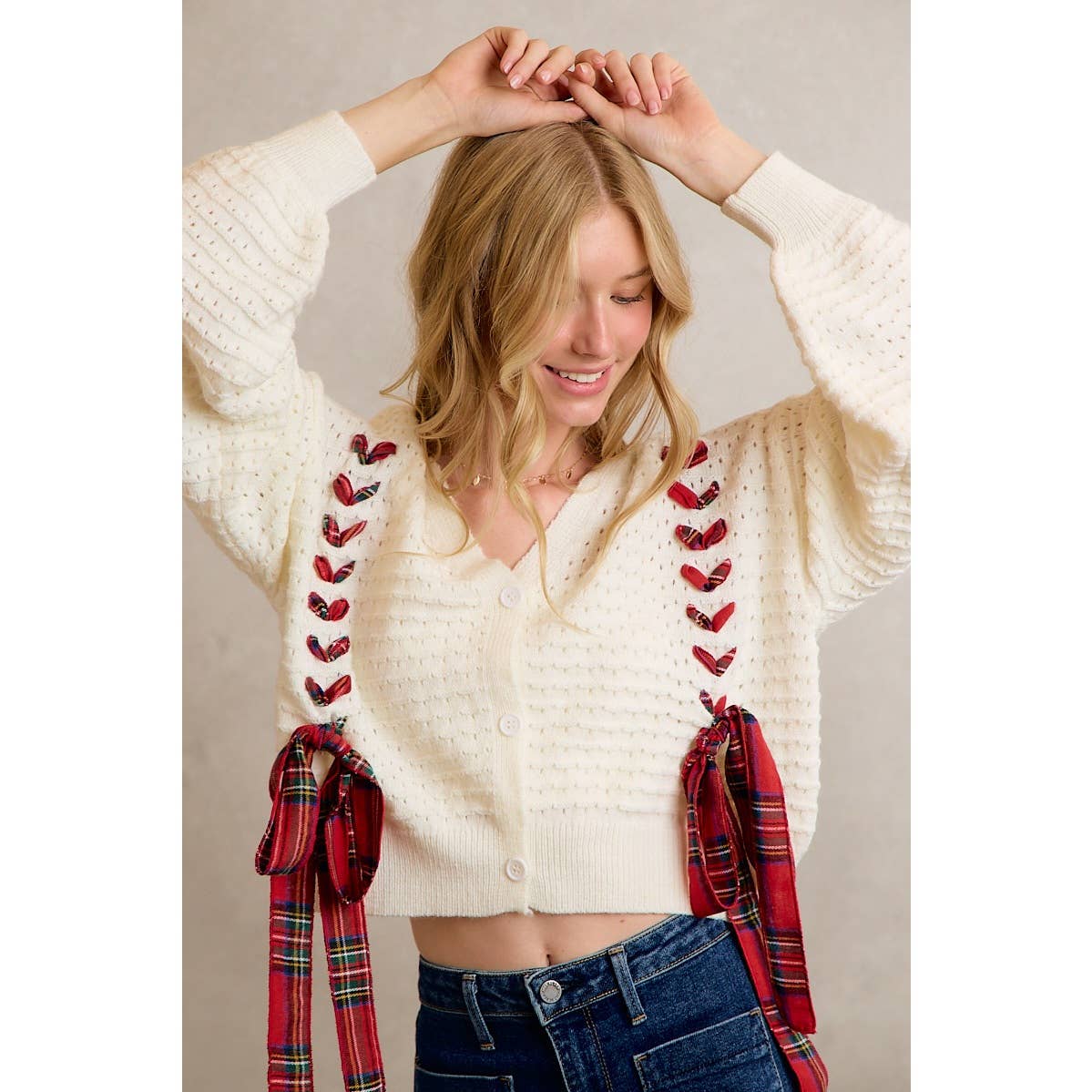 WRAPPED WITH A BOW CHRISTMAS CHECKERED PLAID TAPE LACE TEXTURE SWEATER CARDIGAN