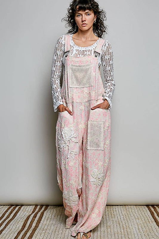 Floral Embroidery Accents Mesh Patches Strap Woven Overalls