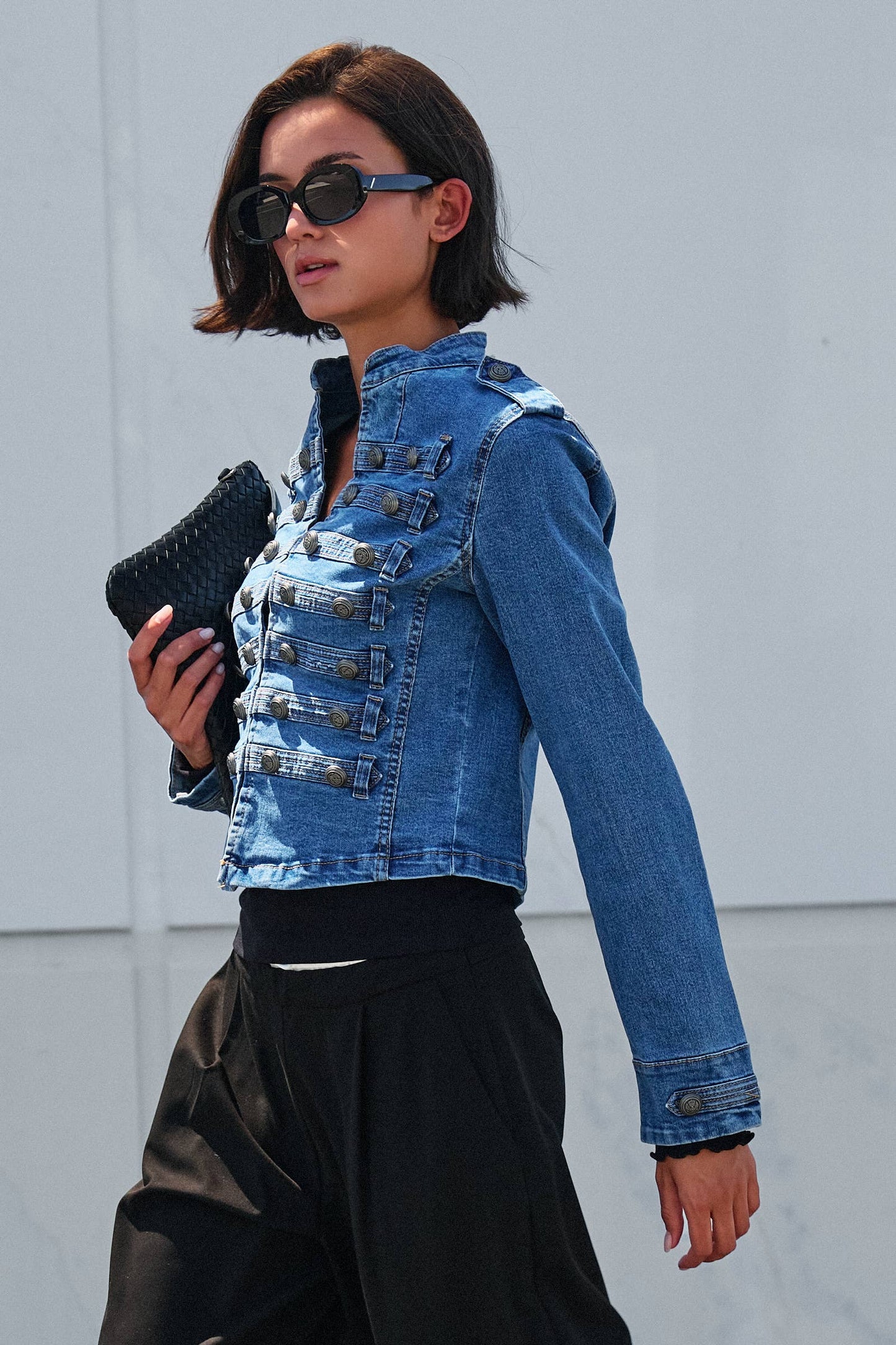 Military Double-Button Denim Jean Jacket: Blue