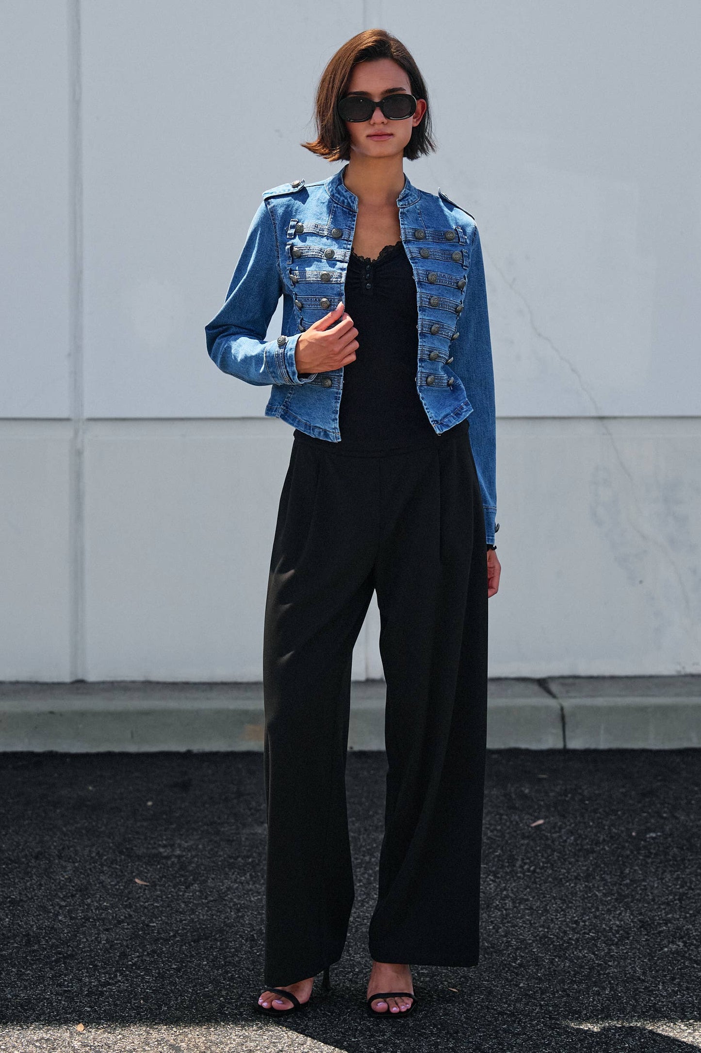 Military Double-Button Denim Jean Jacket: Blue