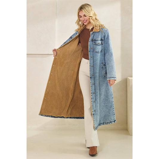 Teddy Lined Long Denim Jacket