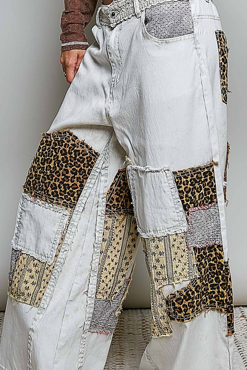 JULY SHIP Handcrafted Vintage DIY Patchwork-Style Waistband Wide Pant: NATURAL MULTI