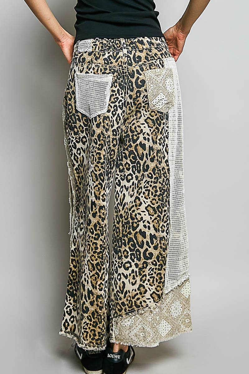 JULY SHIP POL Stud Detail Woven Denim Pants: SAND LEOPARD