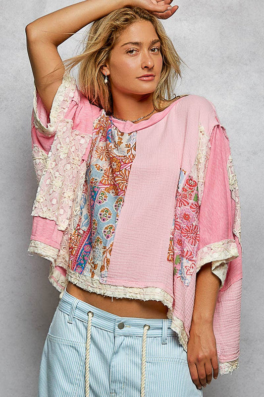 PREORDER JUNE SHIP POL Round Neck Double Gauze Floral Woven Top
