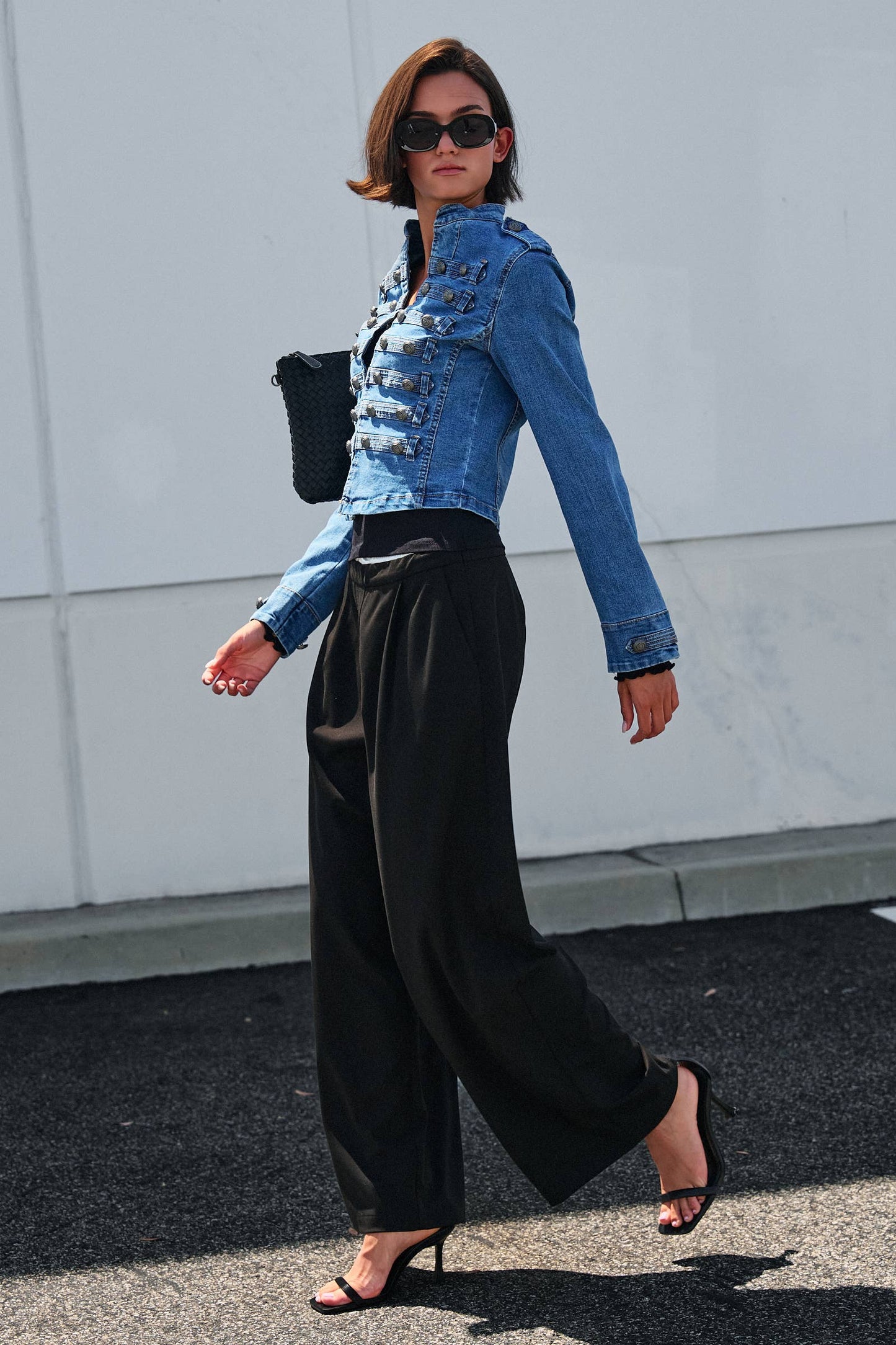 Military Double-Button Denim Jean Jacket: Blue