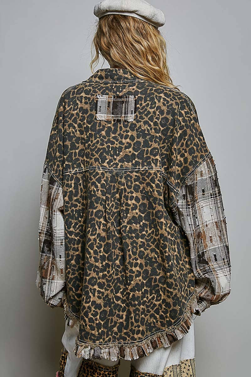JULY SHIP Allover Print Pattern Raw-Edge Fringe Trim Shirt Jacket: CHOCO MULTI