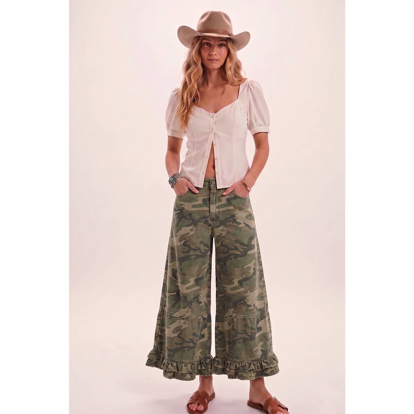 JULY SHIP Ruffle Wide Leg Ruffle Camou